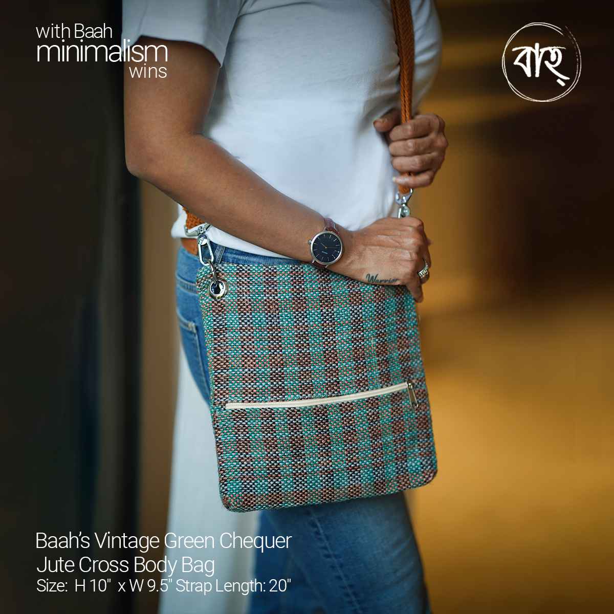 Baah's Vintage Green Chequer Jute Cross Body Bag