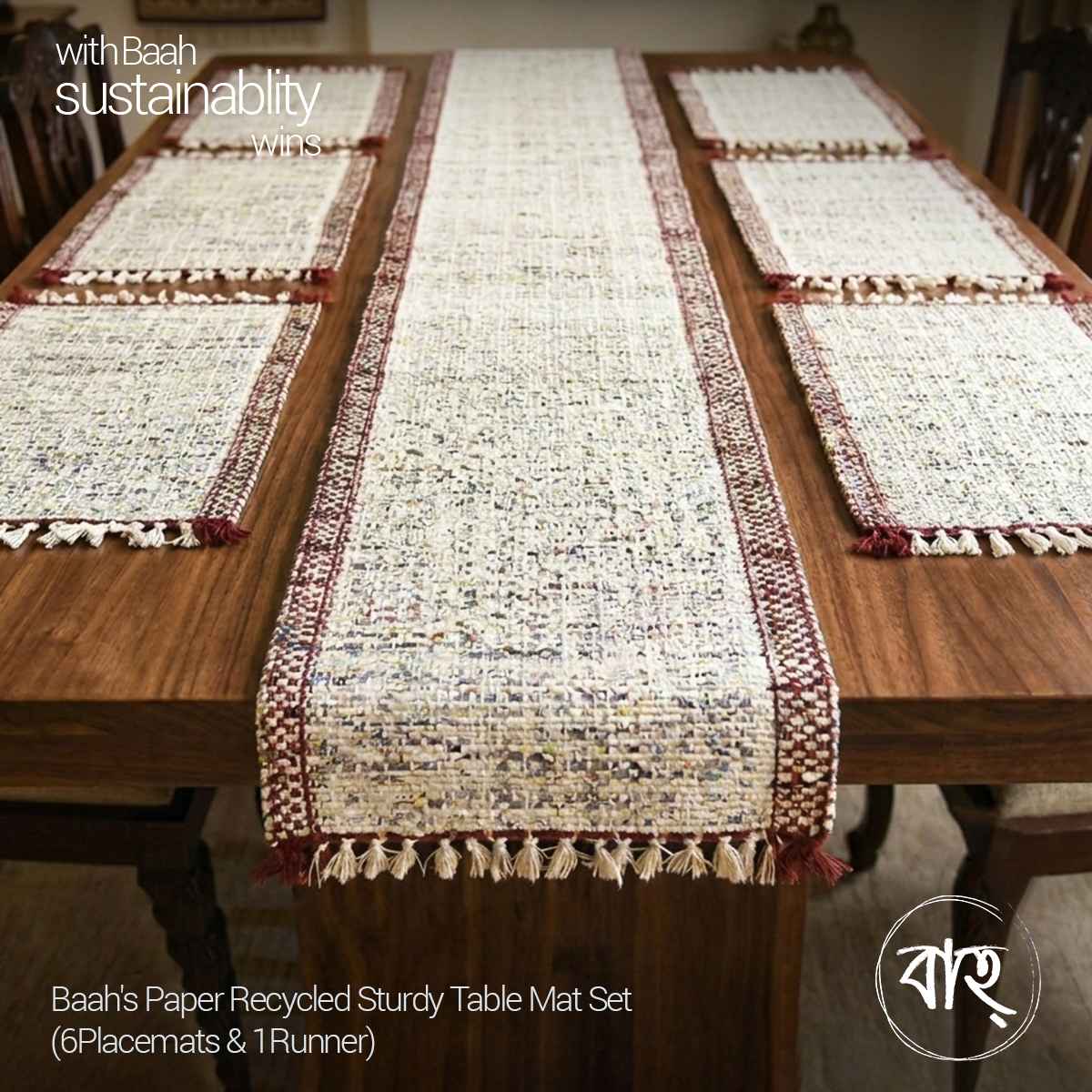 Baah's Paper Recycled Sturdy Table Mat-Set of 7 (6Placemats & 1Runner)