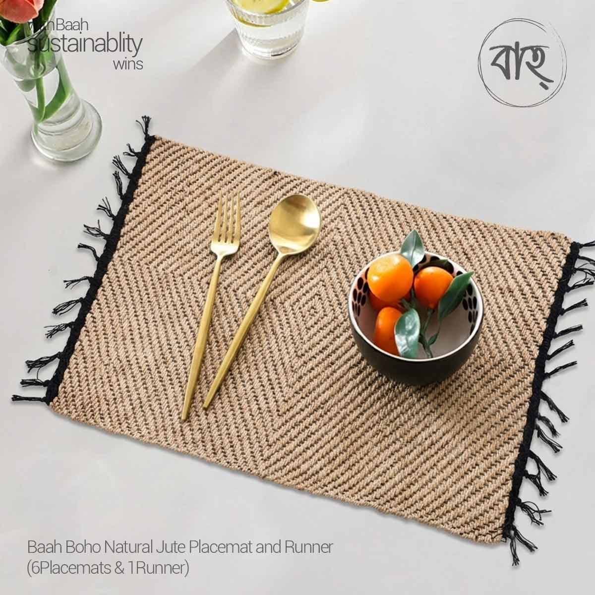 Baah Boho Natural Jute Placemat and Runner (6Placemats & 1Runner)