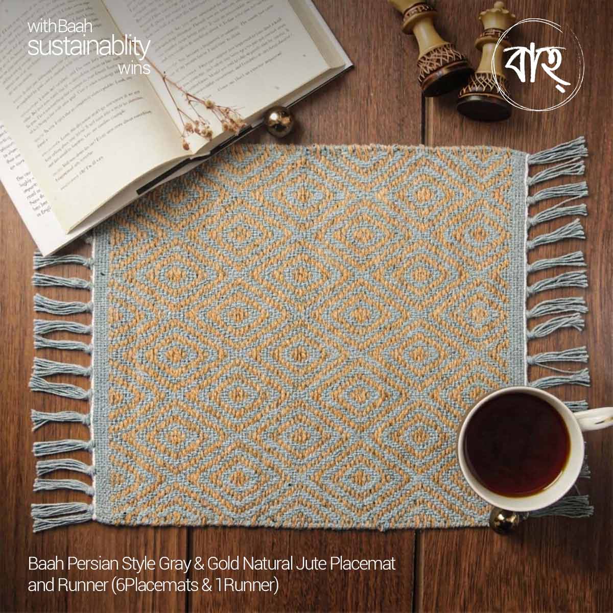 Baah Persian Style Gray & Gold Natural Jute Placemat and Runner (6Placemats & 1Runner)